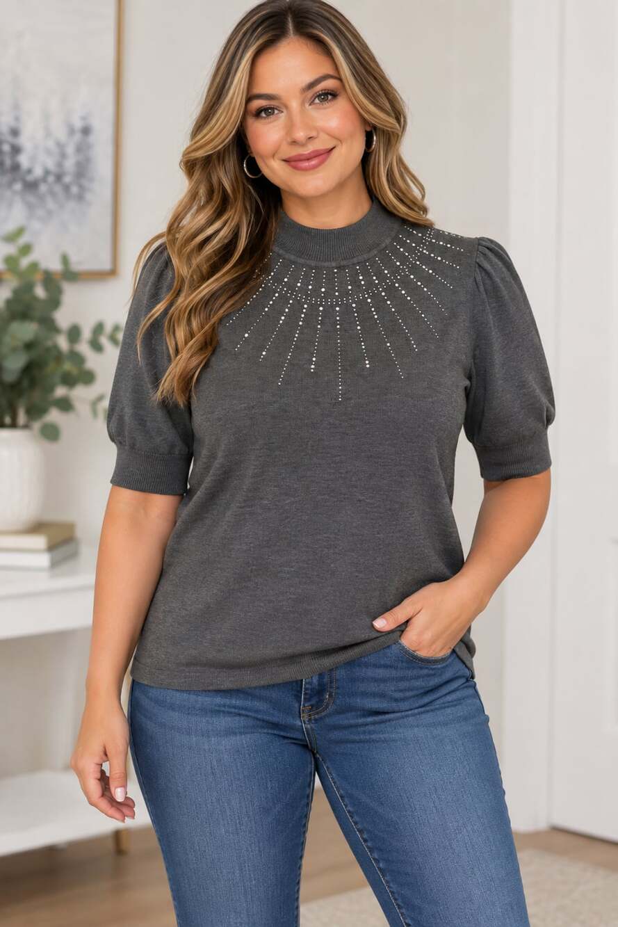 Love Ever After Mock Neck Puff Sleeve Top Size L Dark Grey Rhinestone